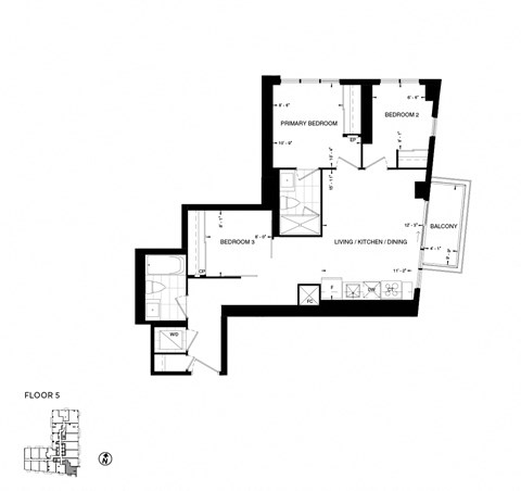 Floor plan for 3 beds, 2 baths, 805 sqft